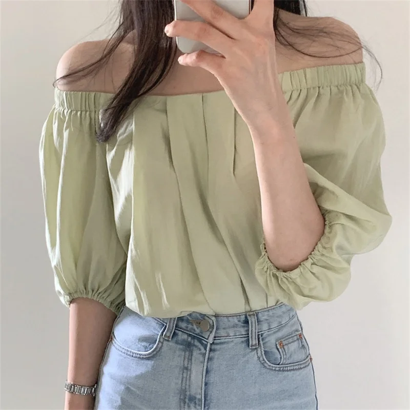 

Alien Kitty Solid Sexy All Match Slash Neck Loose Femme Chic 2021 Plus Size Streetwear New Chiffon High Quality Brief Blouses