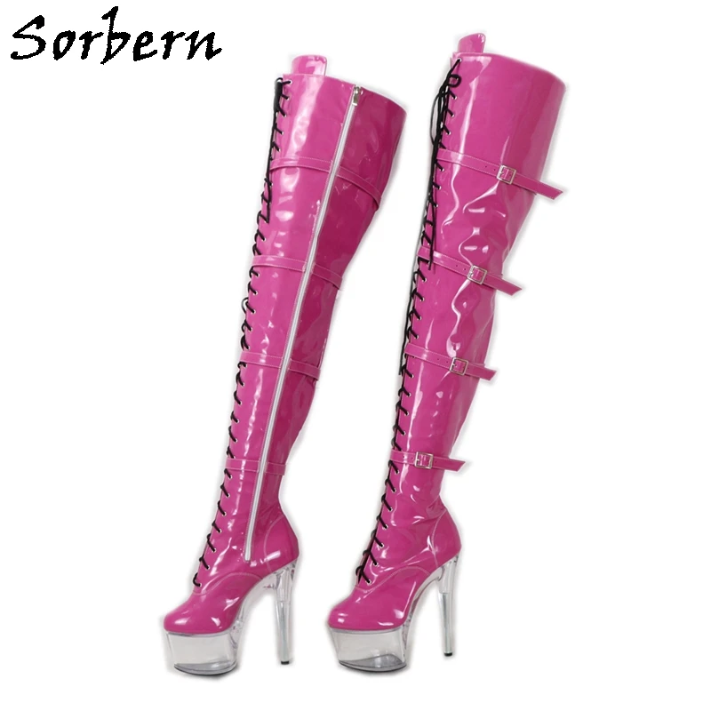 

Sorbern Drag Queen Women Boots Hot Pink Shiny Straps 17Cm Perspex High Heel Mid Thigh High Customized Wide Or Slim Fit Legs