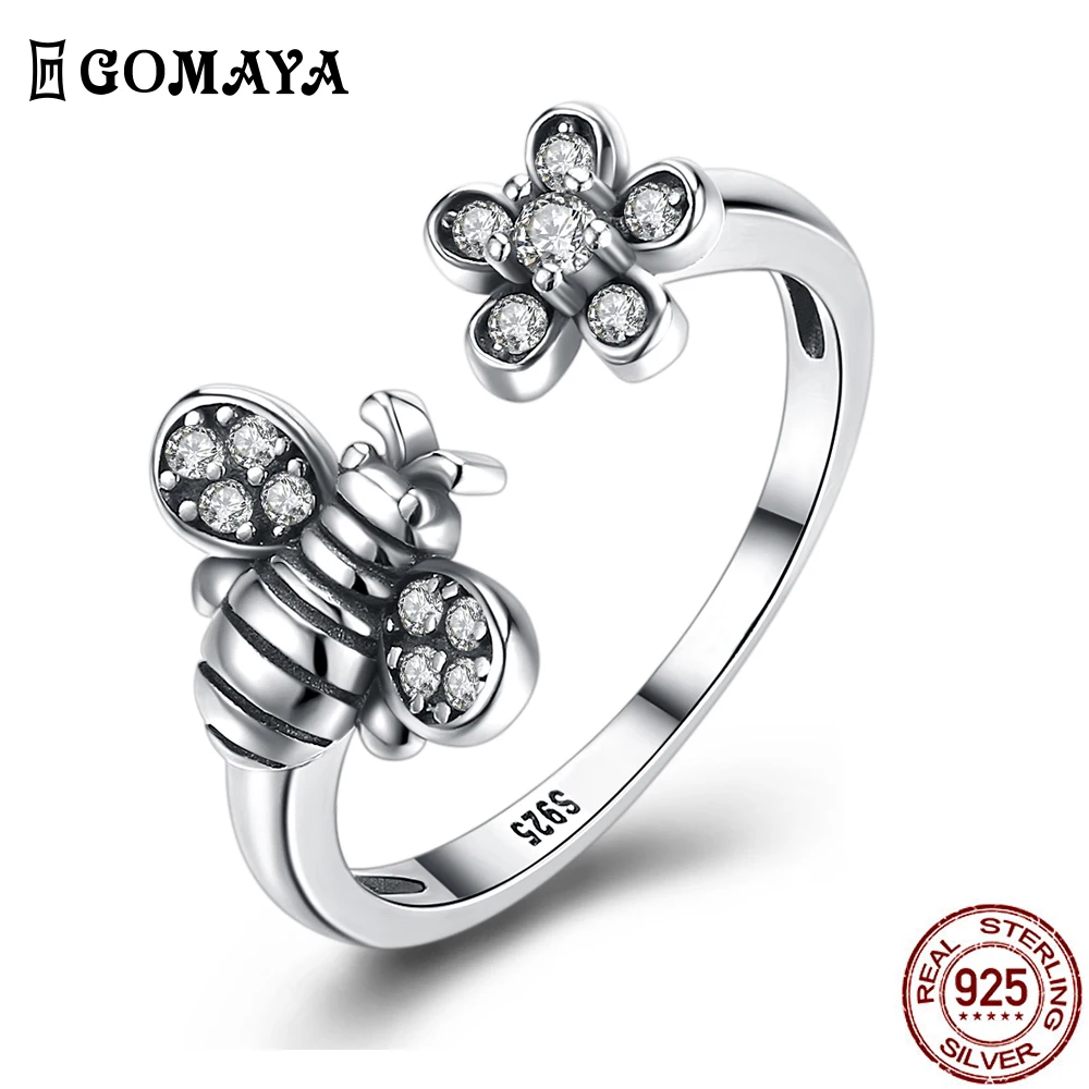 

GOMAYA 925 Sterling Silver Bee And Flower Design Creative Zircon Ring New Adjustable Fine Jewelry Personality Girlfriend Gift
