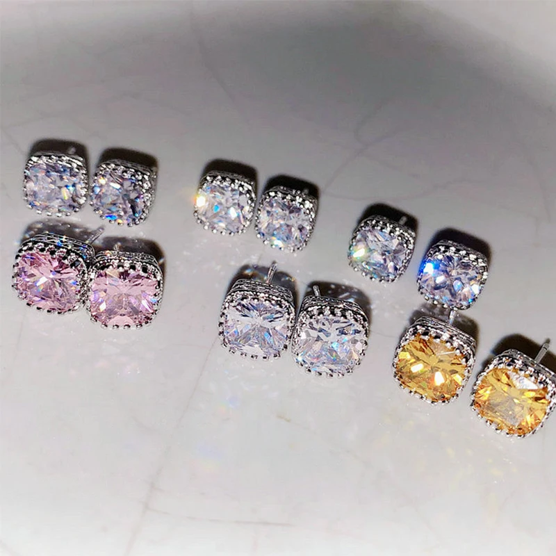 

Female Luxury Round Square Zircon Crystal 925 Silver Earrings for Women Exquisite Double Stud Earrings Wedding Fashion Jewelry