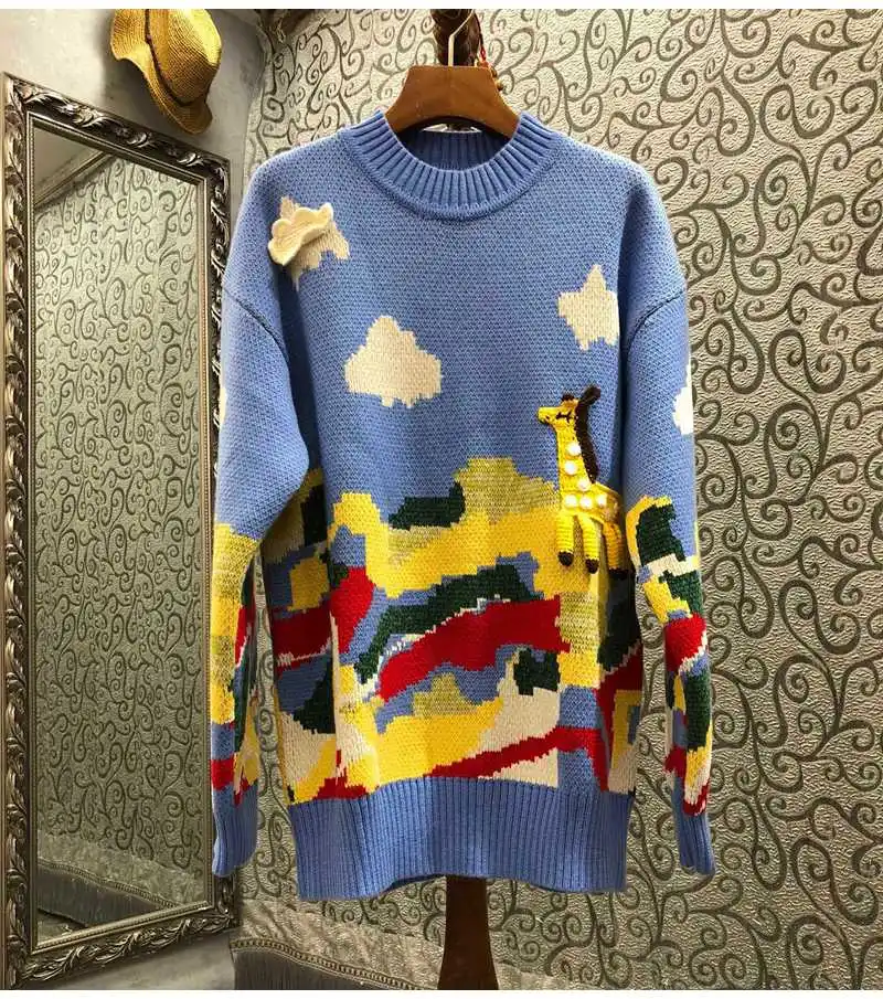 High Quality Wool Sweaters 2022 Spring Autumn Winter Pullovers Women Cute Animal Patterns Long Sleeve Casual Blue Jumpers Ladies