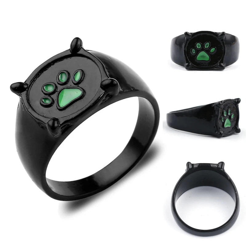 Милая Божья коровка Кот мультфильм Черный Зеленый Pawprint Ring модные черные кольца