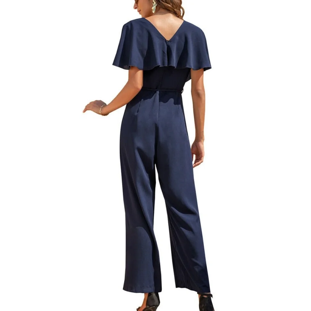 

Women V-neck Short Sleeve Jumpsuit OL Work Casual Wide Leg Pants Plain Playsuit