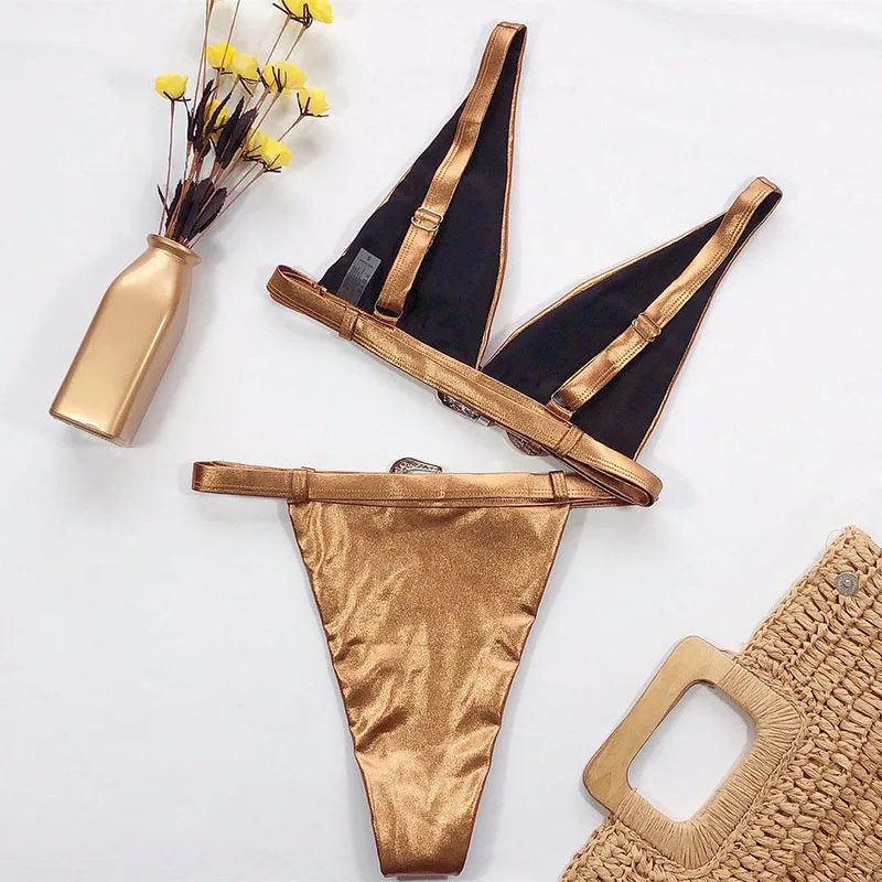 

2020 new bikini European and American explosions split one-piece swimsuit sexy hot gold belt swimsuit female beach