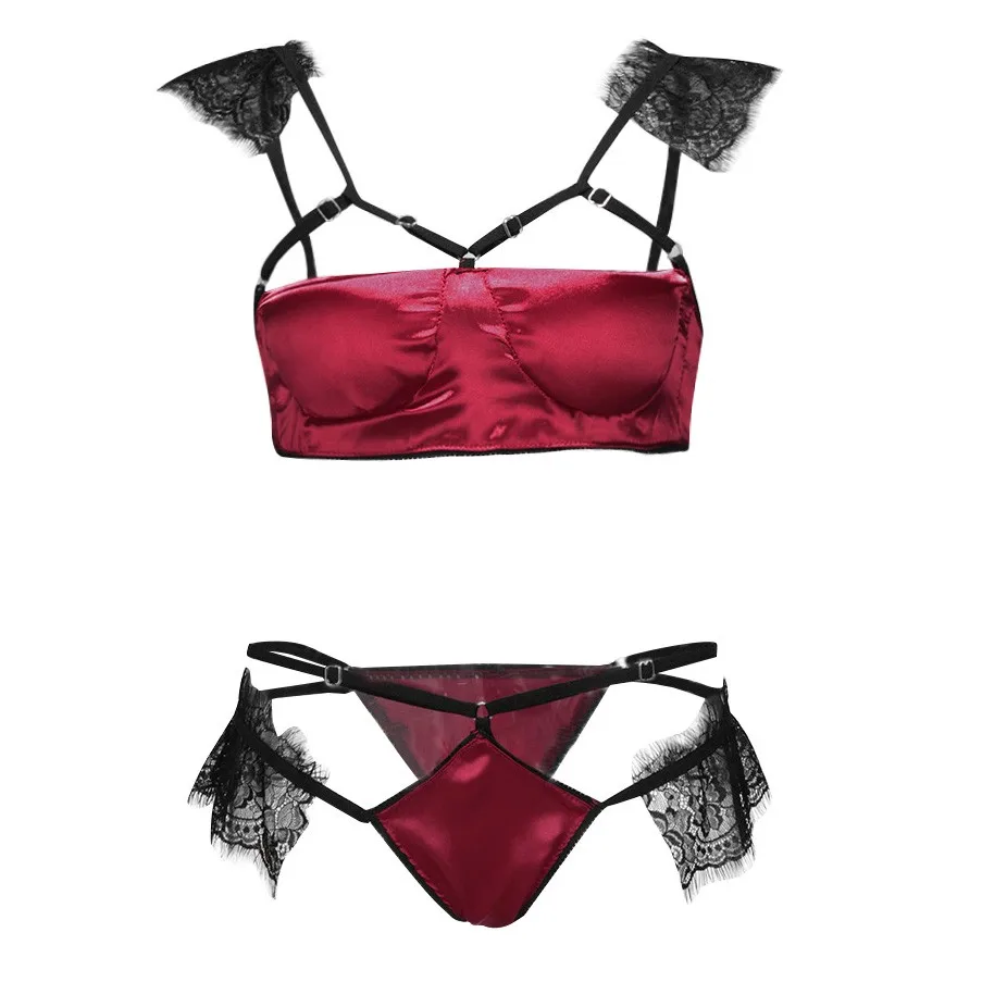 Scalloped Floral Lace Lingerie Set Women Pajama 2019 Burgundy Bralettes And Briefs Sleepwear Sexy Nightgown lingerie B4 | Женская одежда