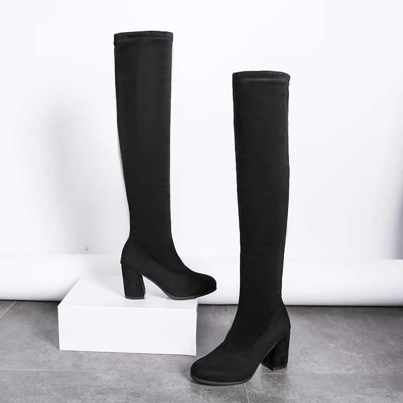 

Женские сапоги выше колена, замшевые удобные ботфорты, квадратный каблук, модные ботфорты