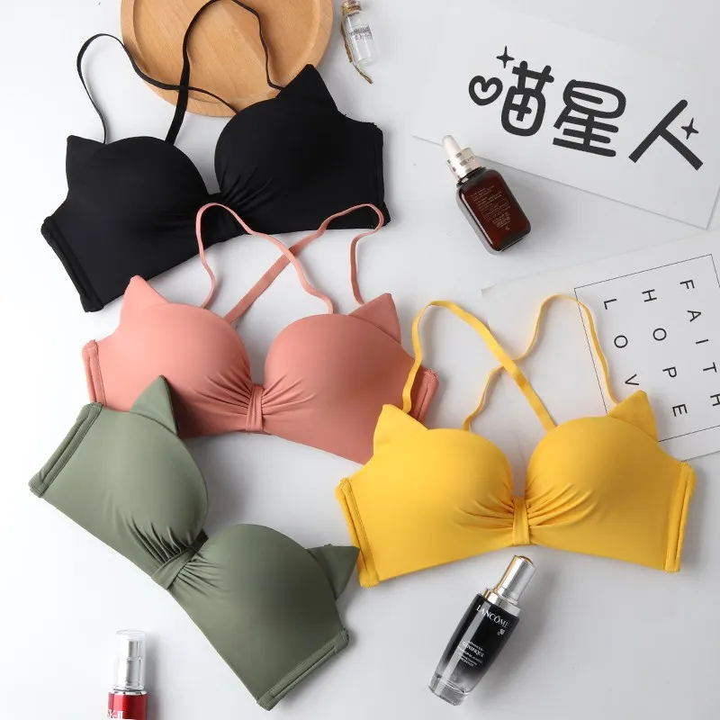 

Пикантное бесшовное женское нижнее белье с кошачьими ушками, бюстгальтер без косточек с эффектом пуш-ап, модное женское нижнее белье, бюстг...