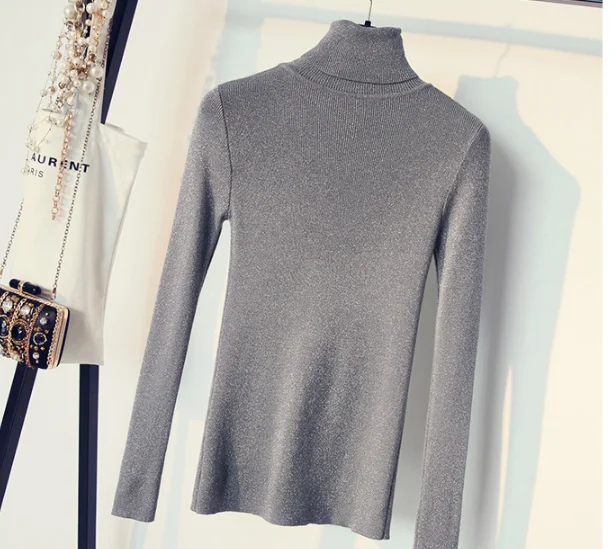 Shiny Lurex Autumn Winter Sweater Women Long Sleeve Turtleneck Pullover Basic Sweaters Korean Style Knit Tops Femme | Женская одежда