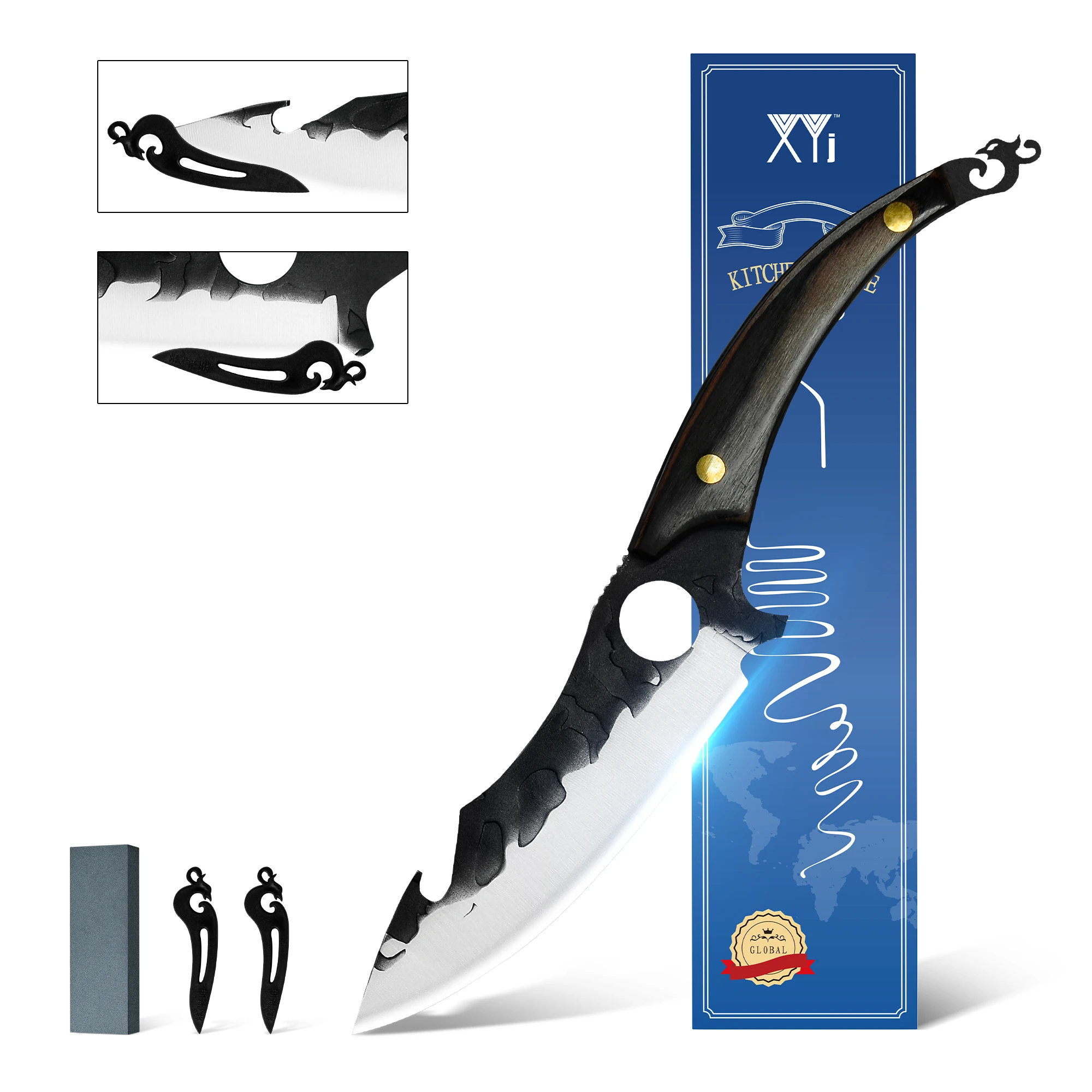 

XYJ 6-дюймовый нож для нарезки грузила с изогнутым лезвием из нержавеющей стали, ножи для барбекю с откидной рукояткой из палисандра