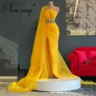 Женское вечернее платье на одно плечо, желтое платье с бусинами, с разрезом, в стиле Саудовской Аравии, для выпускного вечера, для знаменитостей, вечернее платье