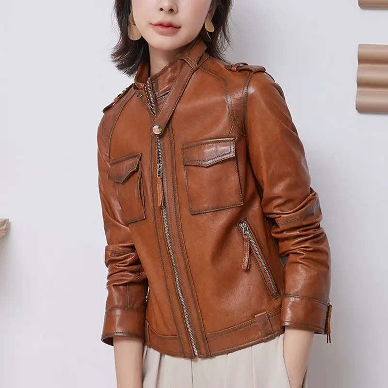 Sheepskin Leather Jacket Spring Autumn Lady Leisure Vegetable Tanned Leather Jacket Women's Short Motorcycle Jacket