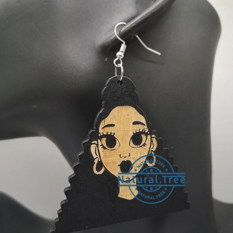

Free shipping! Engraved black Afro Hair Wooden Earrings