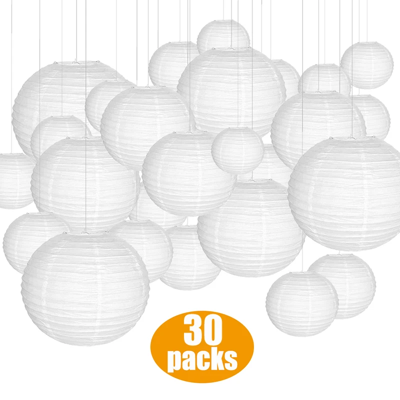 30 pcs White Paper Lanterns/Led Lights Assorted Sizes of 4&quot-14&quot Chinese Lampion for Weddings Baby Shower Xmas Parties and Events | Дом и