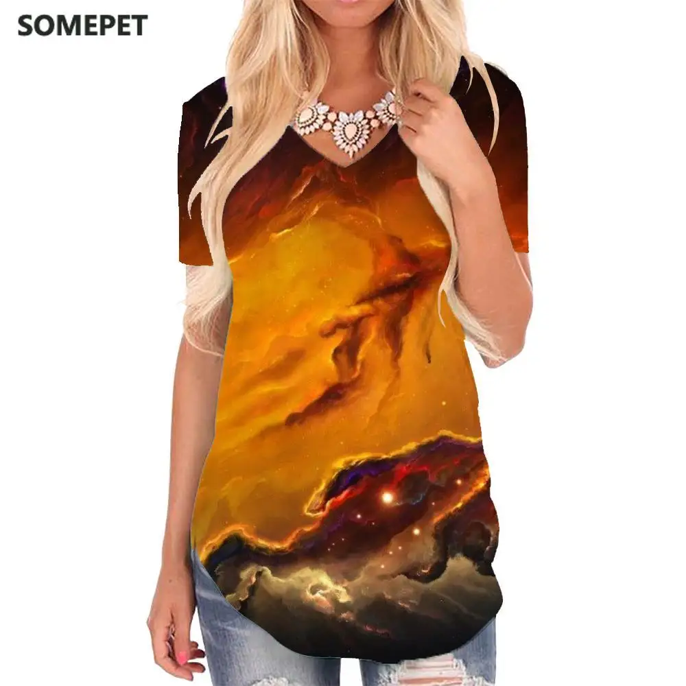 

SOMEPET Galaxy T Shirt Women Nebula Tshirts Printed Universe Funny T shirts Space V-neck Tshirt Womens Clothing Hip hop Loose