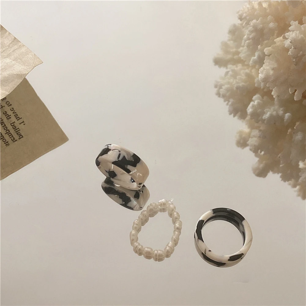 2/3Pcs Leopard Vintage Colorful Acetate Resin Pearl Rings Sweet Temperament Round Finger Rings Women Girls Delicate Jewelry Gift