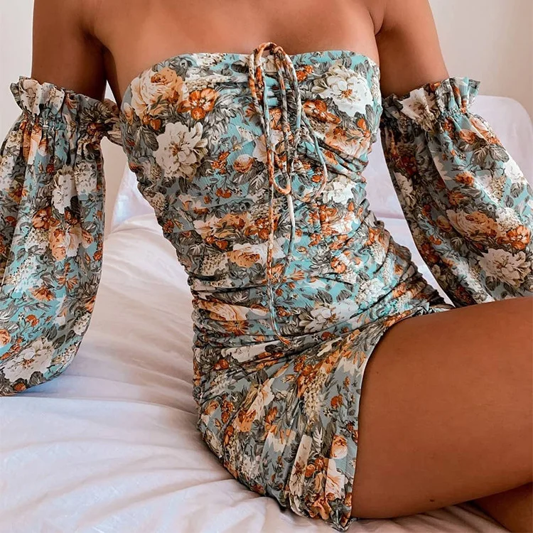 

2021 new European and American women's tube top sleeved print bottoming bag hip sexy dress