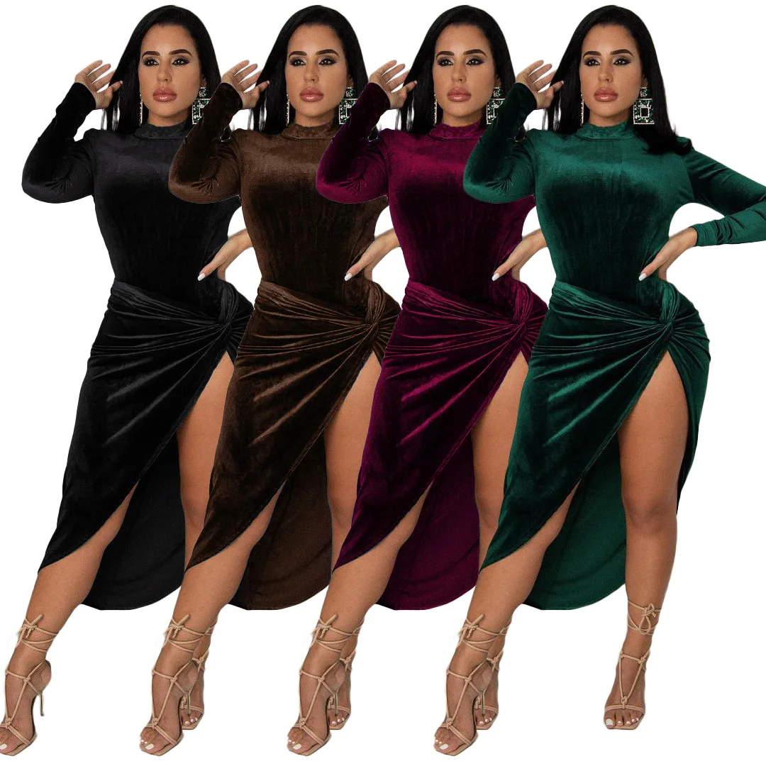 

Elegant Velvet Dress Xmas Clothes Two Piece Set Sexy O Neck Long Sleeve Bodysuit Top + Twist High Slit Long Dress Club Party