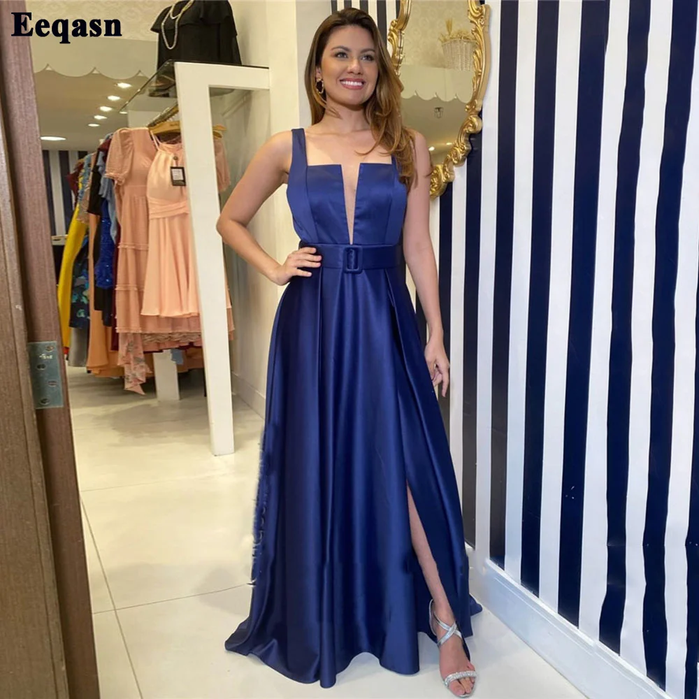 

Eeqasn темно-синие атласные длинные платья подружки невесты с квадратным вырезом, Женские официальные платья с боковыми деталями для свадебно...