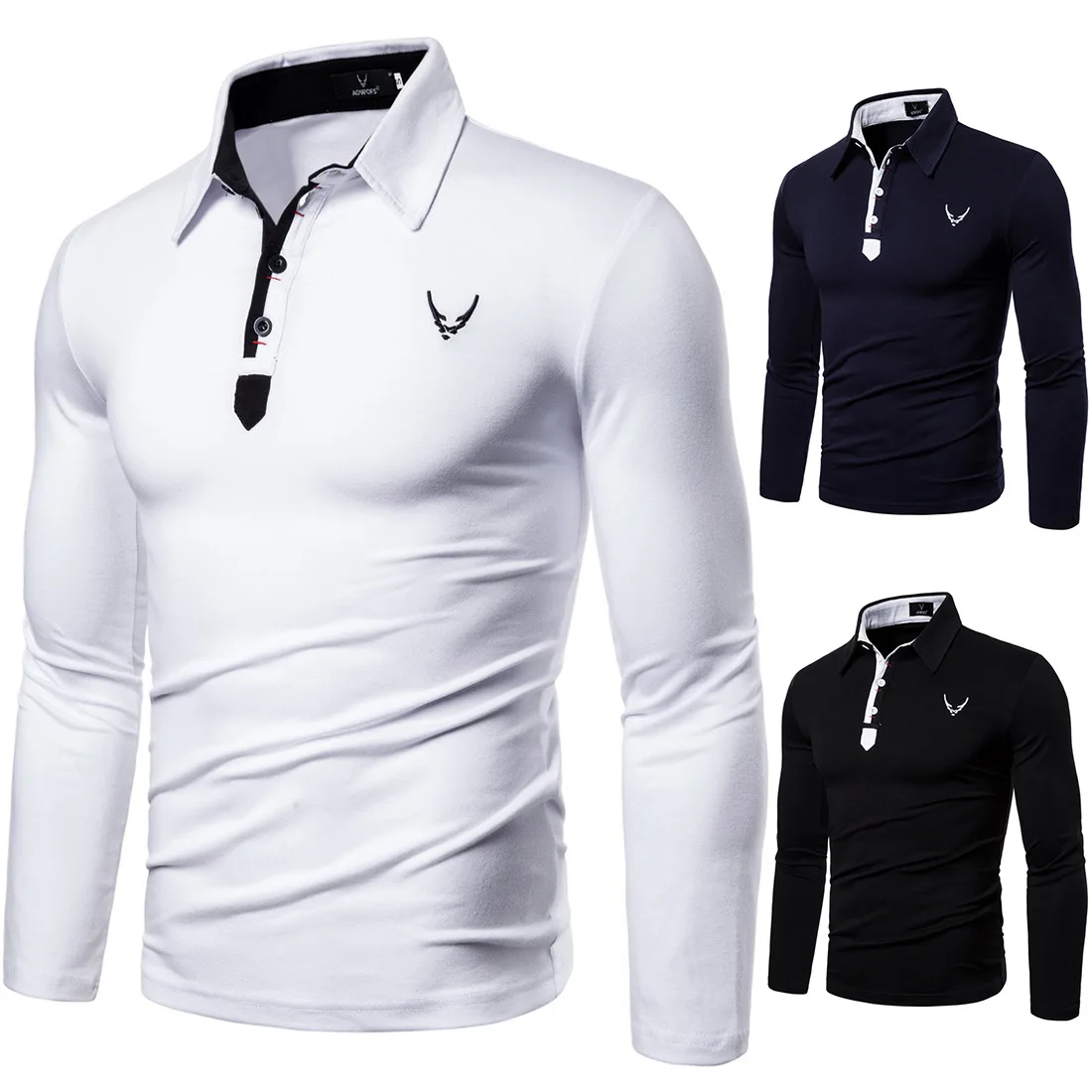 Drop Shipping New Fashion Long Sleeve T Shirt Men Casual Embroidery Slim Fit Men's Tees Solid Turn-down Collar T-Shirts Men