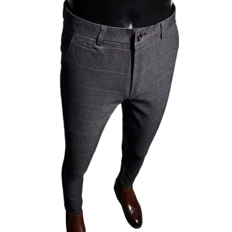 Брюки мужские серые в клетку брендовые модные облегающие классические штаны