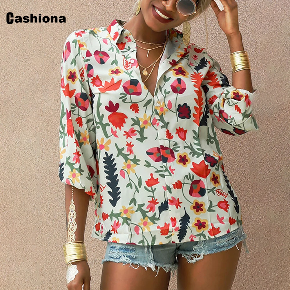 Cashiona Women Elegant Fashion Blouse Long Sleeve Tops Bohemian Flower Print Shirts feminina blusas shirt ropa mujer