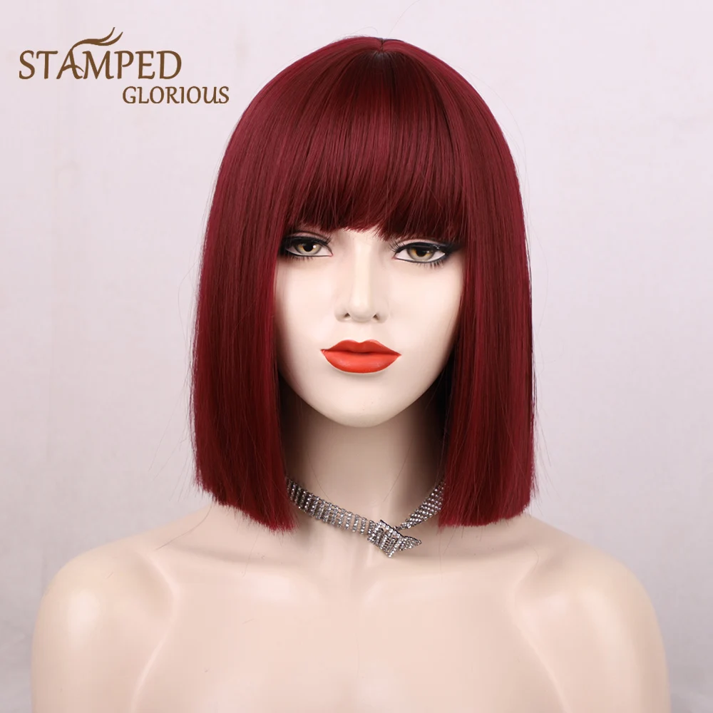 

Stamped Glorious Synthetic Short Red Bob Straight Wig with Bangs Heat Resistant Red Fiber Shoulder Length Wig for Daily Use