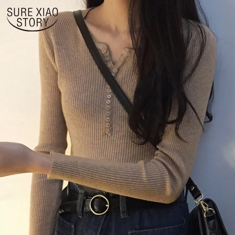 Fall Solid Cotton Women Sweater 2022 V-neck Long Sleeve Slim Elastic Pullover Chic Knit Bottoming Clothes 10305 | Женская одежда
