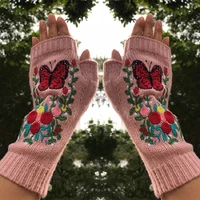 new high quality mittens handmade womens autumn butterfly flower warm woolen knitted winter gloves half finger embroidery glove