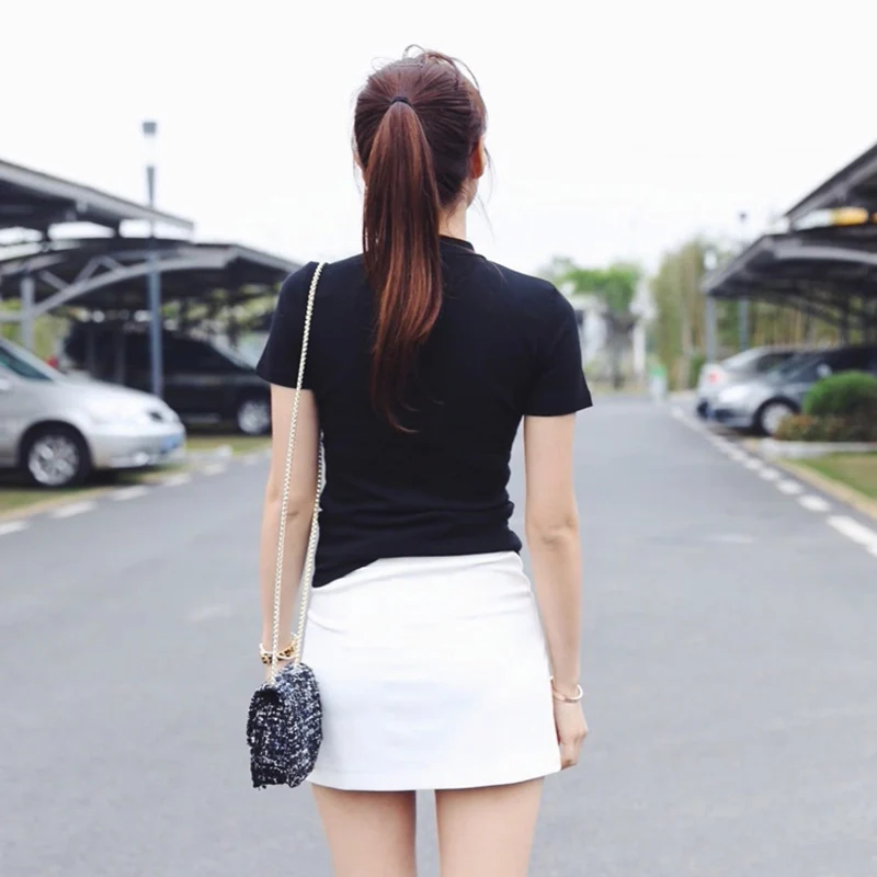 

T-shirt Women Short Sleeve Solid Summer Crop Top Elegant Trendy Tee Womens Korean Style Turtleneck High Quality Slim Tops Womens