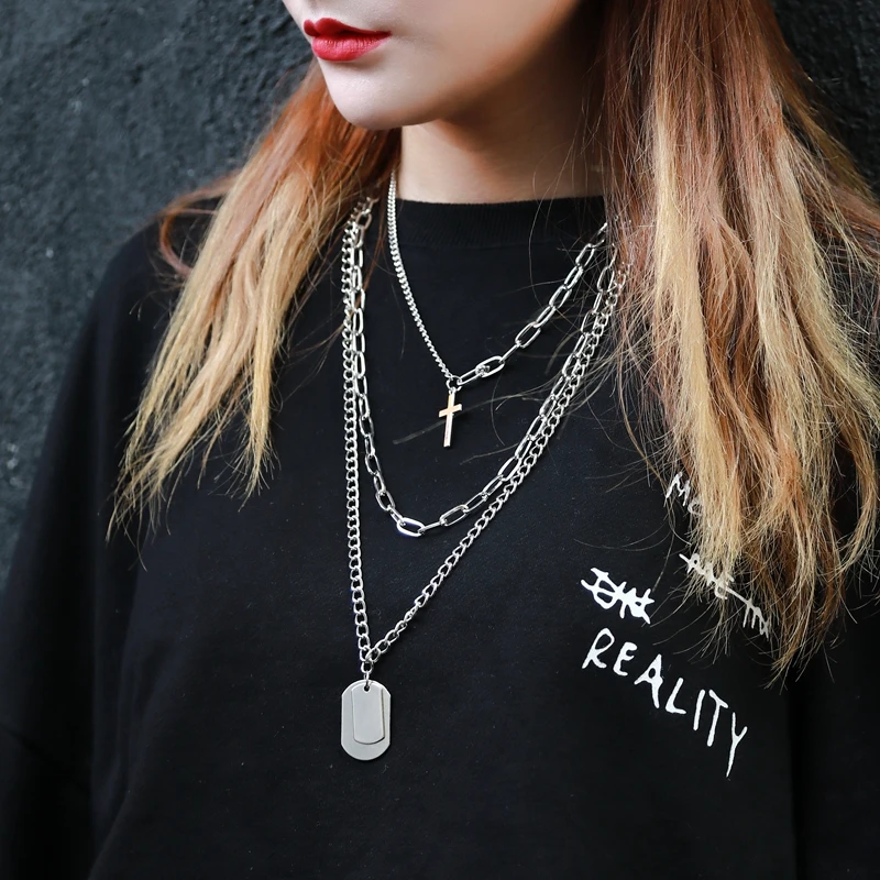 

Multi-Layer Chain Necklace Punk Cross Geometric Pendant Necklace for Women Men aesthetic Choker Chains Hip Hop Goth Jewelry Gift