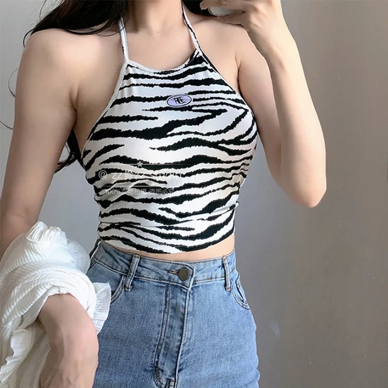 

XUXI 2021 Summer New Street Fashion Hanging Neck Tie Open Back Zebra Pattern Open Navel Leisure Suspender Vest E3450