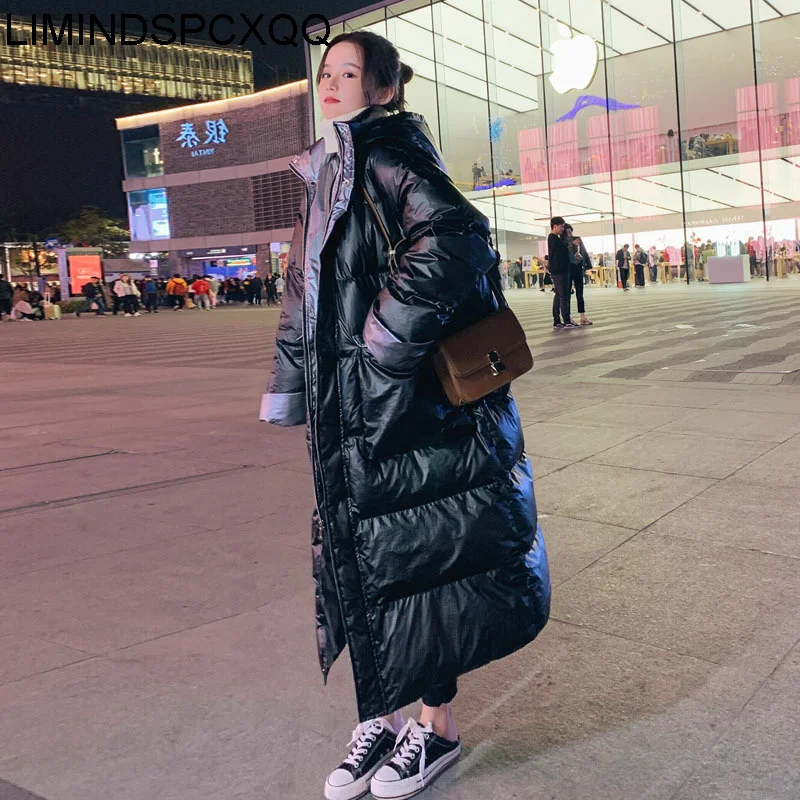 

Abrigo Mujer Glossy Down Padded Jackets Long Hooded Loose Winter Ladies Warm Female Womens Coats 2021 Korean Style Clothing