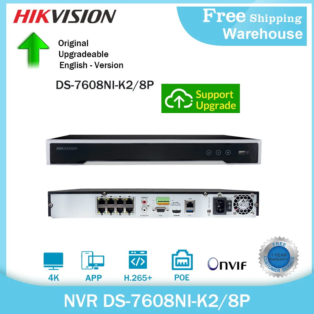 Hikvision 4K 8MP POE NVR DS-7608NI-K2/8P 8CH H265 + CCTV 2-стороннее Аудио для IP-камеры системы