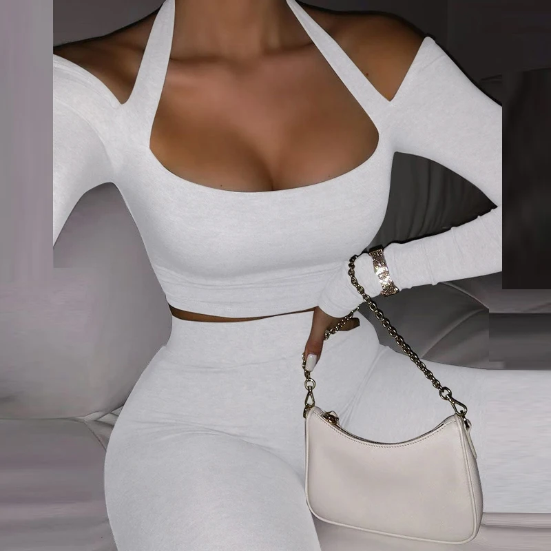 

Women Elegant Solid Two Piece Sets Bodycon Suit 2021 Fashion Sexy Off Shoulder Halter Pullover Tops And Long Pants Suits Outfits