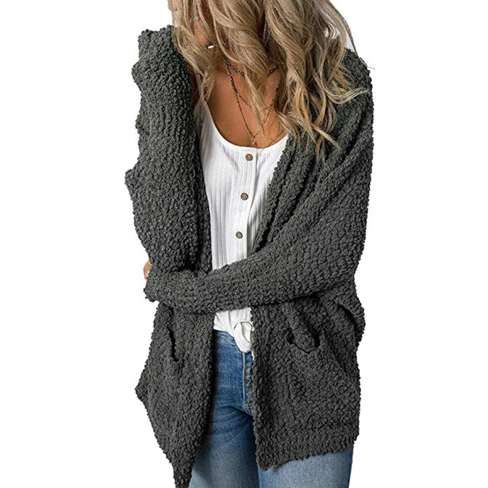 dark gray4 Хлопковый однотонный Кардиган с длинным рукавом, вязаный свитер для женщин, открытый стежок, Повседневный свитер с большим карманом, женский свободный кардиган, одежда - Цвет: dark gray4