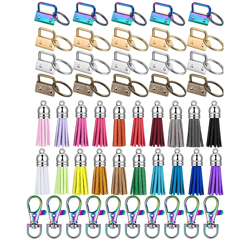 

60 Pieces Key Fob Hardware Set with Tassels (Silver, Gold, Bronze, Rainbow)