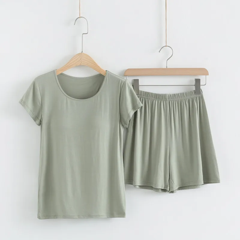 

M-3XL New Pyjamas Women Modal Comfortale Sleepwear Set Short Sleeve Big Size Home Clothes Bra Padded Pajamas Suit Pijama Mujer