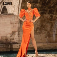 lorie orange arabic evening dress high neck beaded appliques short sleeve high split satin prom gown high couture party dresses