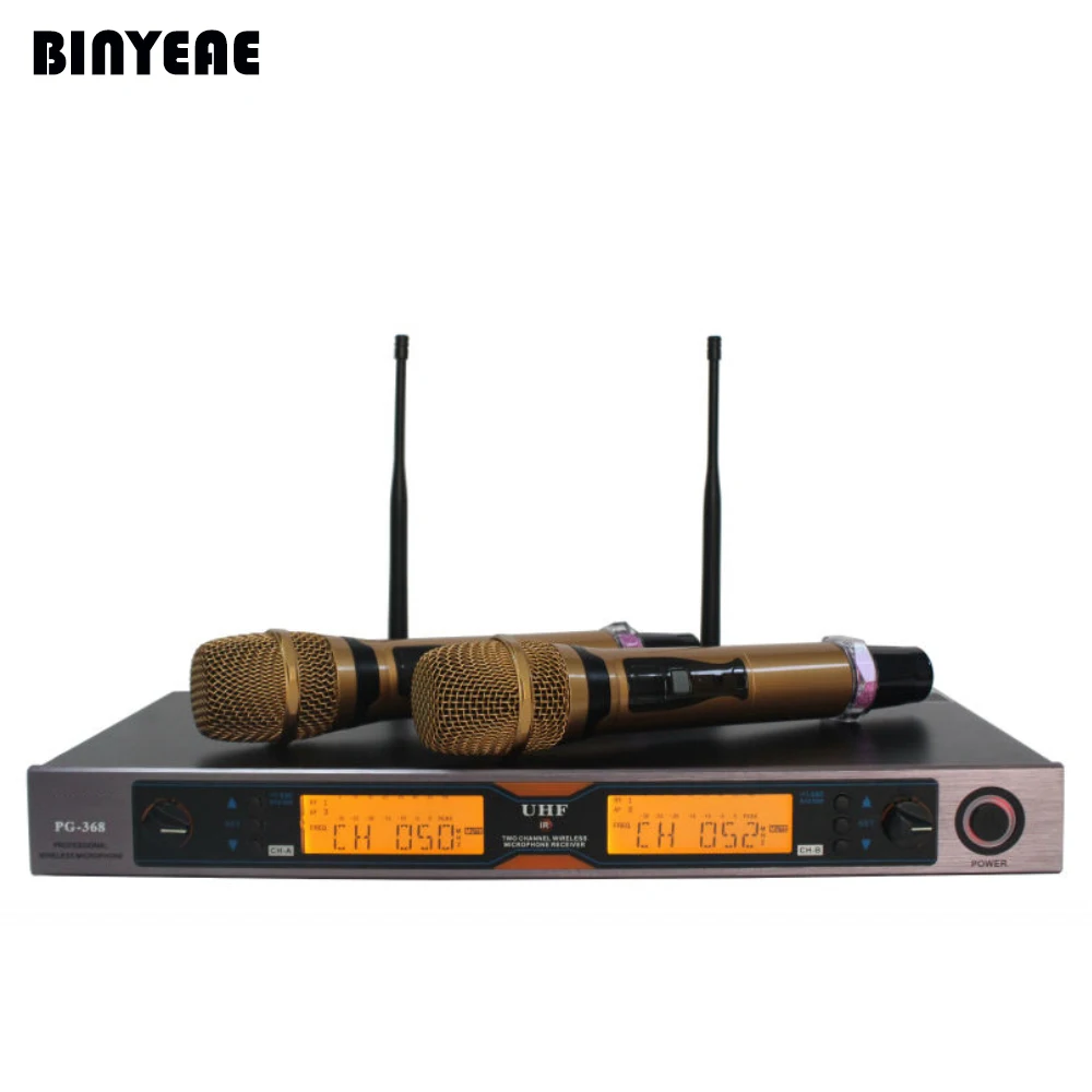 BINEAE PG-368 Dual Channel Dynamic Professional 2 Handheld Cordless Microphone for Home Theatre Karaoke Music System Gold Metal |