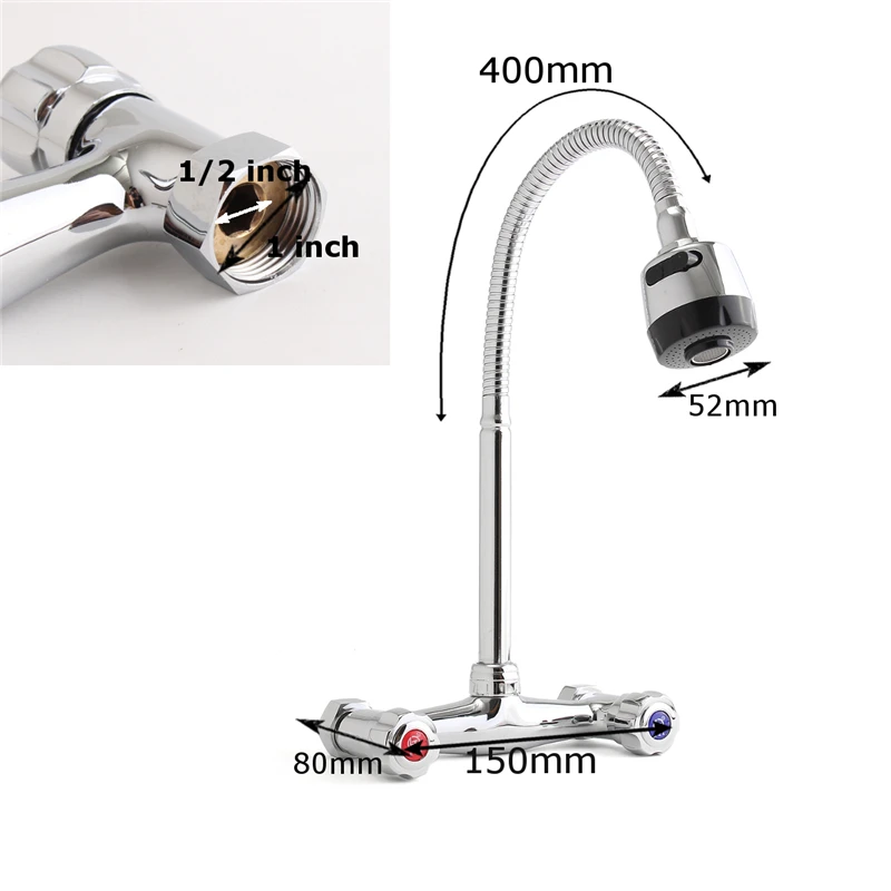 

Xueqin 360Rotation Chrome Modern Dual Handle Mixer Tap Cold And Hot Water Wall Mounted Pull Down Kitchen Sink Spray Faucet