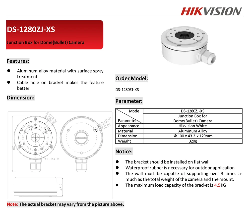 Hikvision Оригинал CCTV кронштейн DS-1280ZJ-XS для DS-2CD2045FWD-I DS-2CD2085FWD-I DS-2CD2085G1-I IP Камера распределительная коробка