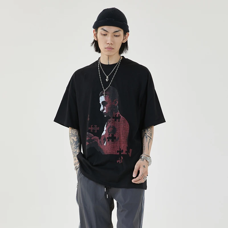 

High Street Portrait Puzzle Print Loose Short Sleeve T-shirt Male Oversize Round Neck Cotton Summer Casual Tshirts