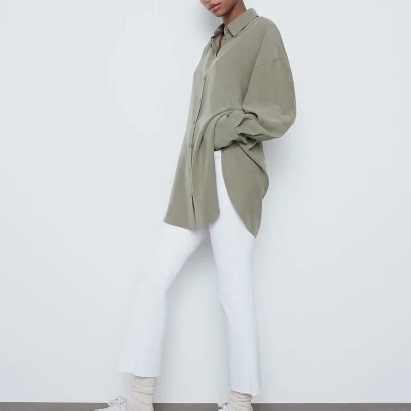 Темно-серая рубашка Женский мешковатый Топ с длинным рукавом Повседневная