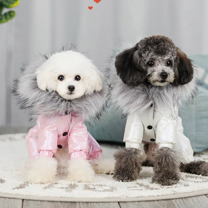 Зимнее пальто для собак большой меховой воротник Одежда питомцев щенков куртка
