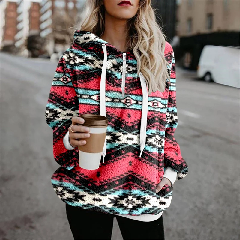 

Vintage Ethni Print Top Sweatshirt Casual Mujer Autumn Winter Women Fashion Drawstring Zipper Long Sleeve Loose Pullover Hoodies