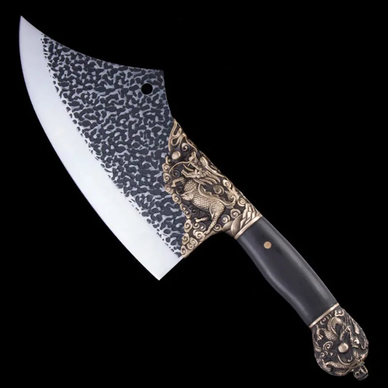 

Big Longquan Knife 10.5 Inch Copper Kirin Decor Chop Machete Knife Handmade Forged Steel Kitchen Hatchet Knife Cooking Tools