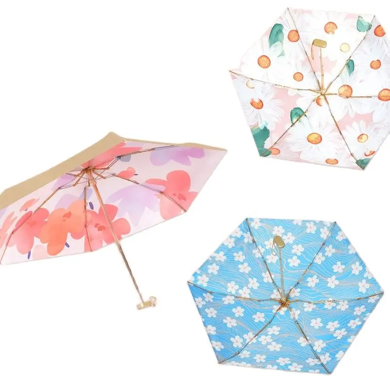 

New Umbrella Sunscreen UV Protection Women Gift Travel Ultra Small 14cm Mini Pocket Umbrella Floral Gold Female Rain Umbrella