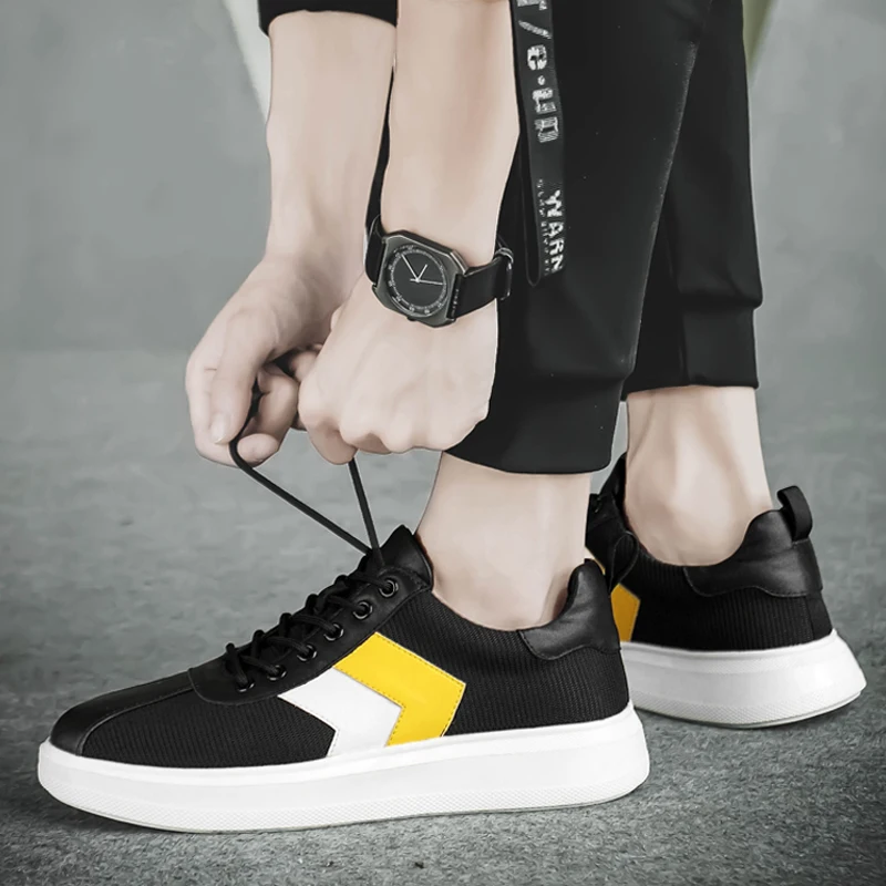 

2021 Style Spring Summer Fashion Men's Vulcanized Shoes Leather Mesh Breathable Shoe Man Lace-Up Platform Shoes For Men Sneakers