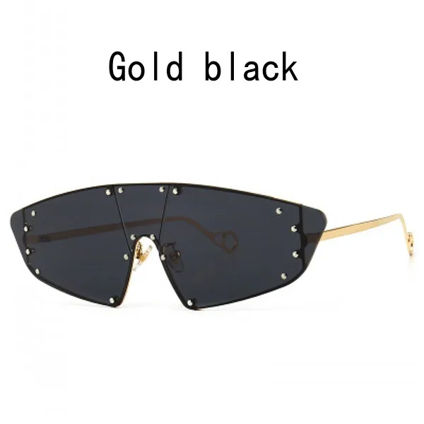 Gold black JASPEER, модные солнцезащитные очки Rihanna, женские, Ретро стиль, зеркальные, мужские, оттенки, без оправы, очки, люксовый бренд, металлические заклепки, тренд, женские очки - Цвет линз: Gold black