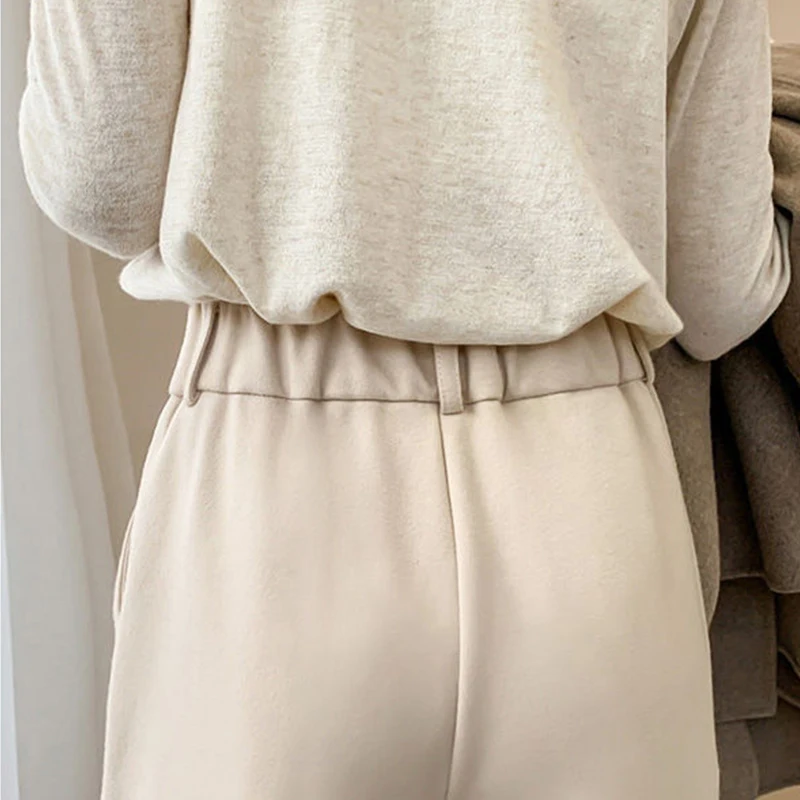 

Autumn Winter Women Woolen Harm Pants Warm Female Casual High Waist Straight Wide Leg Pants Loose Long Trousers KK0142